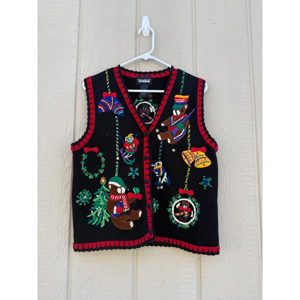 Designers Originals M Sweater Vest Christmas Bear Ramie Cotton Embroidered